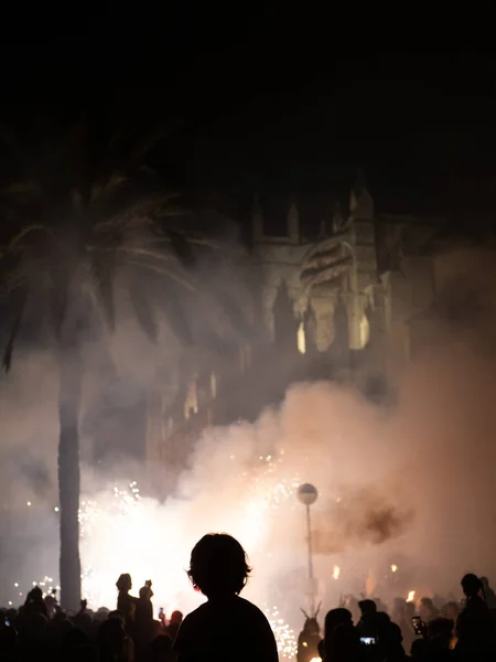 Palma de Mallorca, İspanya; 23 Haziran 2022: San Juan 2022 kutlamalarında Palma de Mallorca Katedrali 'nin havai fişek gösterisini izleyen bir çocuk