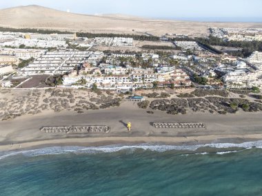Costa Calma beach and town vacation travel destination in the south of Fuerteventura, aerial view