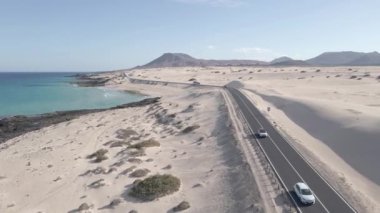 Aerial view of Corralejo Sand Dunes and el Moro beach in Fuerteventura, Canary Islands