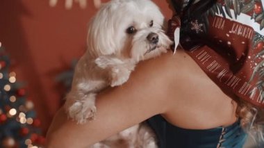Atkısı olan güzel bir kız ve kollarında küçük bir köpek. Noel ağacı. Holliday. Yavaş çekim