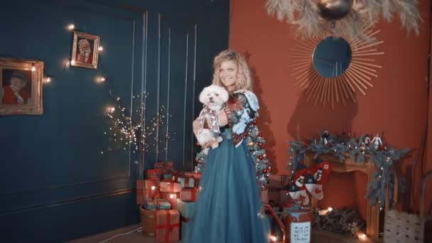 Gyönyörű Lány Sállal Egy Kiskutyával Karjában Karácsonyfa Üdvözlet Lassú Mozgás — Stock videók
