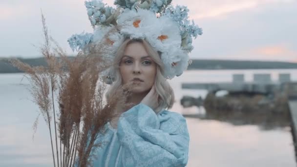Mujer Traje Nacional Ucraniano Con Una Corona Cabeza Bordado Vista — Vídeo de stock