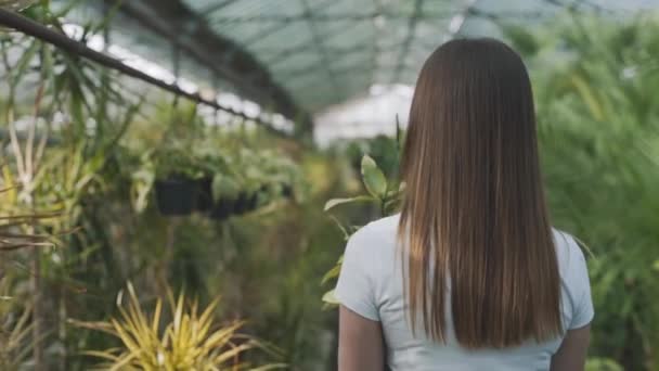 Joven Agricultora Sosteniendo Una Maceta Con Verduras Invernadero Con Flores — Vídeos de Stock
