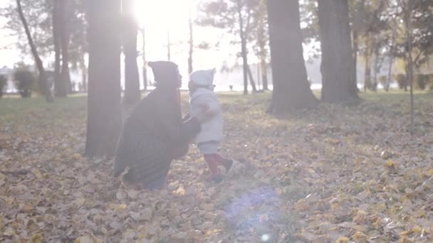 Счастливая Семья Мать Дочь Вместе Парке Осенью Медленное Движение — стоковое видео