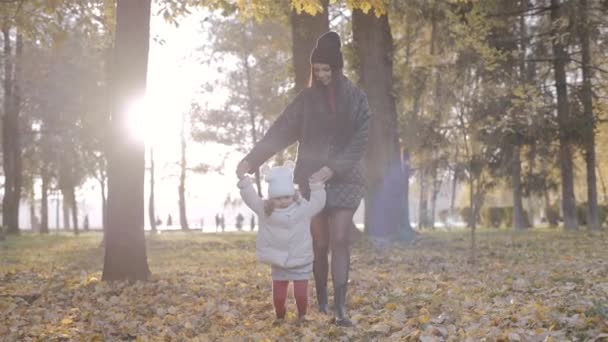 秋天快乐的家人 母亲和女儿一起在公园里 慢动作 — 图库视频影像