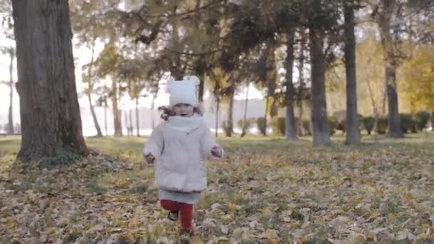 Child Running Autumn Park Warm Sunny Day Slow Motion — Stock Video