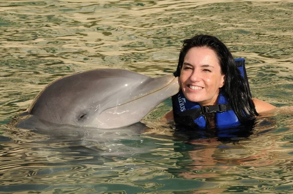 Beso Dulce Delfin Una Mujer — Stock Fotó