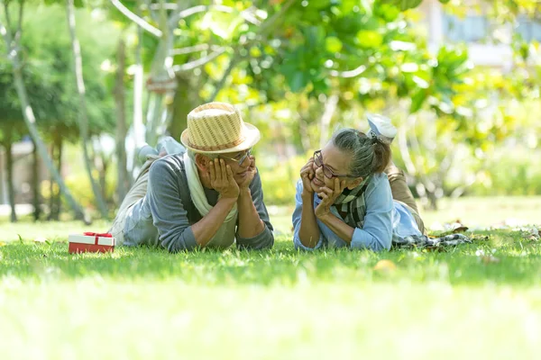 亚洲老年人退休后 夫妇们在自然公园里快乐地放松一下 放松一下时间 老年人和老年人在退休后度假时休息和休息 保险和生活方式概念 — 图库照片