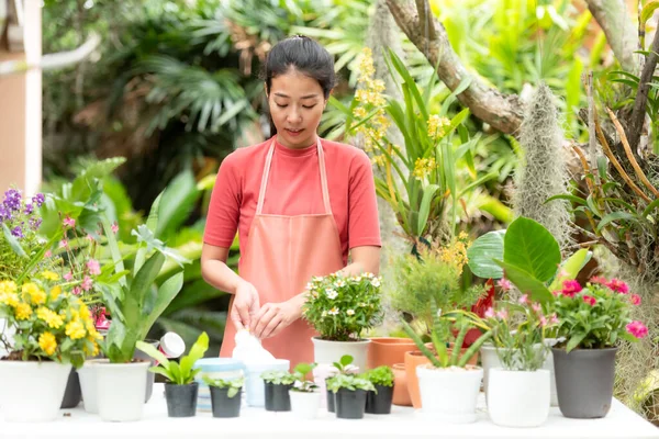 Pekebun Muda Asia Wanita Perawatan Bunga Tanaman Kebun Asia Orang — Stok Foto