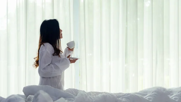 Asia Woman Bedroom Drinking Coffee Wake Relax Mood Holiday Window — Stock Photo, Image