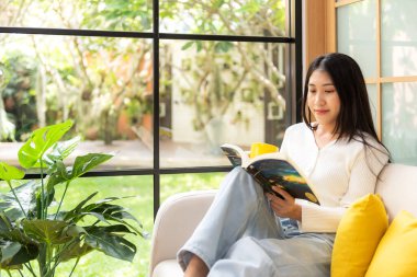 Evdeki kanepede kitap okuyan mutlu genç bir kadın. Yaşam tarzı, serbest çalışma, dinlenme ve oturma odasında kahve içme, doğa bahçesi arka planı. Yaşam Tarzı Konsepti