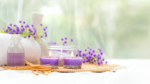 Spa beauty massage health wellness background. Spa Thai therapy treatment aromatherapy for body woman with purple flower nature candle for relax and summer time. Copy space and banner. Lifestyle Health Concept