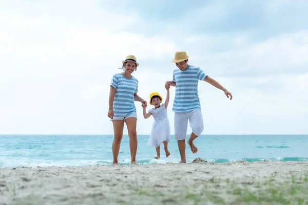 Happy family summer sea beach vacation. Asia young people lifestyle travel enjoy fun and relax leisure destination in holiday. Travel and Family Concept