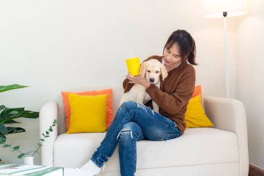 Genç Asyalı kadın neşeli ve yavru köpek evcil hayvanıyla ve ev sahibiyle evde birlikte iyi vakit geçiriyor. Kadın, evcil hayvan arkadaşlığı ile kahve içiyor. Yaşam tarzı kavramı