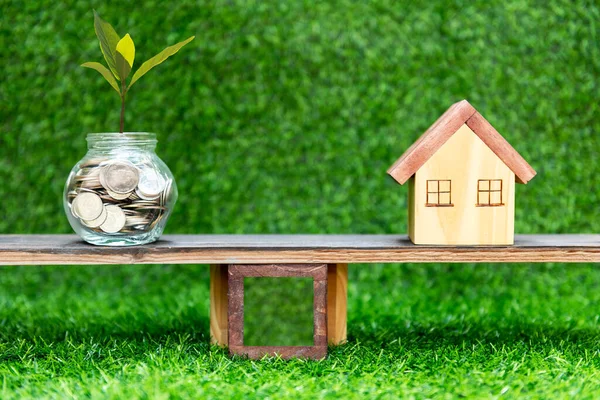 Life balance. Investor of real estate.  The plants growing on money coin stack for investment home for life balance and insurance home.  Investment mortgage fund finance and interest rate home loan, green nature background