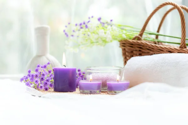 Spa beauty massage health wellness background. Spa Thai therapy treatment aromatherapy for body woman with purple flower nature candle for relax and summer time. Lifestyle Health Concept