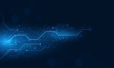Teknoloji arka plan kavramı. Devre panosu elektronik sistemi. Koyu mavi üzerine fütürist yüksek teknoloji ışığı..