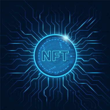 Devreli, finanse edilemeyen NFT teknolojisi geçmişi. NFT logosu koyu mavi. Şifreli para birimi kavramı..