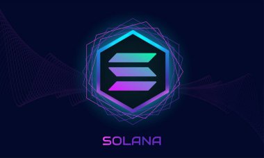 Solana SOL logosu. Kripto para birimi mor temalı arka plan. Neon tasarımı..
