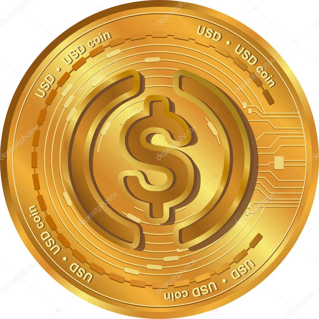 USD coin cryptocurrency.USD logo gold coin.Decentralized digital money concept.