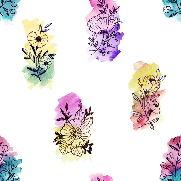 Seamless Hand Illustration Black Outline Florals Multicolour Watercolour Wash — Stock Photo, Image