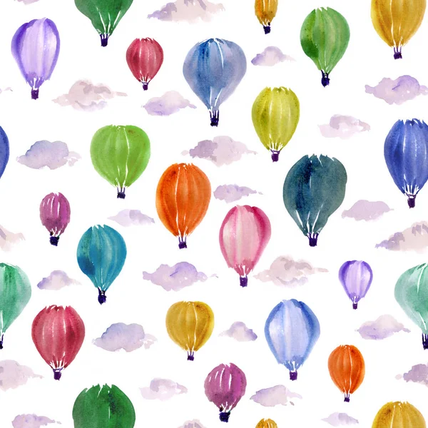 Bezszwowe Ręcznie Malowane Wielokolorowy Balon Gorące Powietrze Wzór — Zdjęcie stockowe