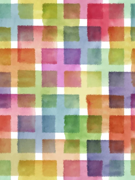 无缝手绘水彩画多色方块检查模式 — 图库照片