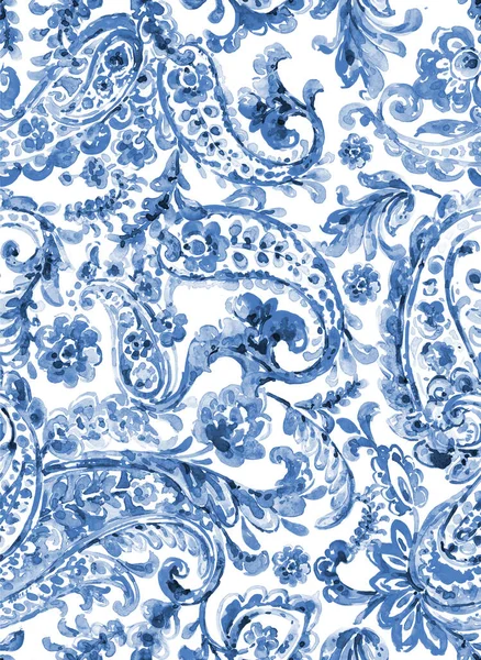 Seamless Hand Painted Watercolour Monochromatic Paisley Pattern — Foto de Stock