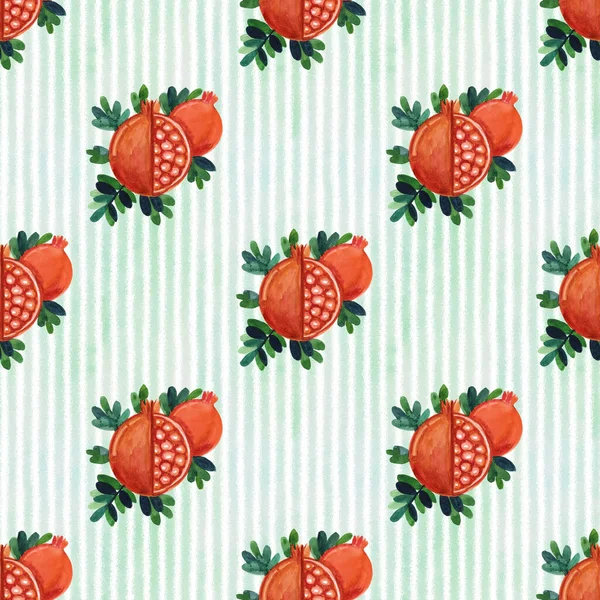 Seamless Hand Painted Tropical Pomegranate Fruit Pattern Pastel Digital Stripe — 스톡 사진