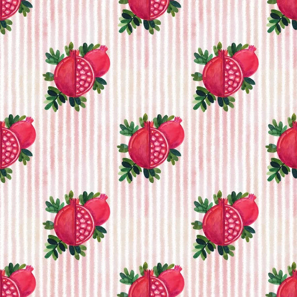 Seamless Hand Painted Tropical Pomegranate Fruit Pattern Pastel Digital Stripe — 스톡 사진