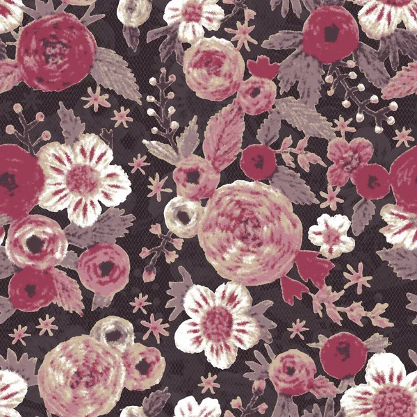 Seamless Digital Embroidered Floral Pattern Dark Lace Background — ストック写真