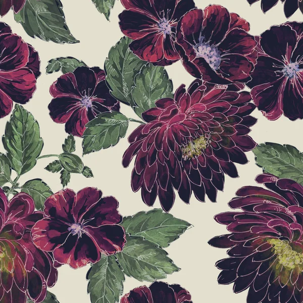 Seamless Hand Painted Watercolour Chrysanthemum Floral Bunch Pattern — 스톡 사진