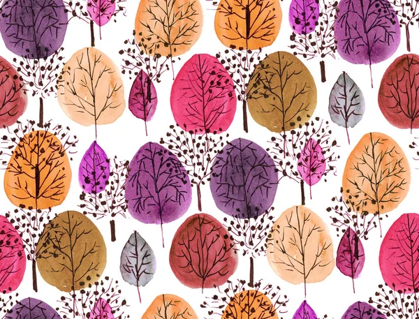 Seamless Hand Painted Watercolour Abstract Vintage Tree Pattern ロイヤリティフリーのストック写真