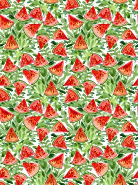 Kusursuz Elle boyanmış suluboya tropik yaz karpuz meyve deseni yaprak arka planda