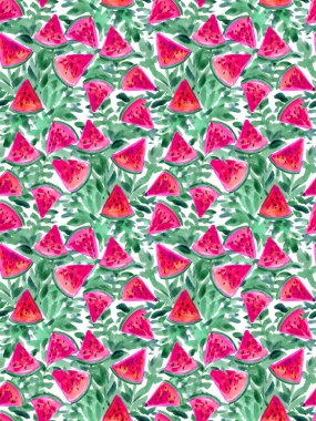 Kusursuz Elle boyanmış suluboya tropik yaz karpuz meyve deseni yaprak arka planda