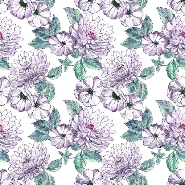 Seamless Hand Painted Watercolour Chrysanthemum Floral Bunch Pattern — ストック写真