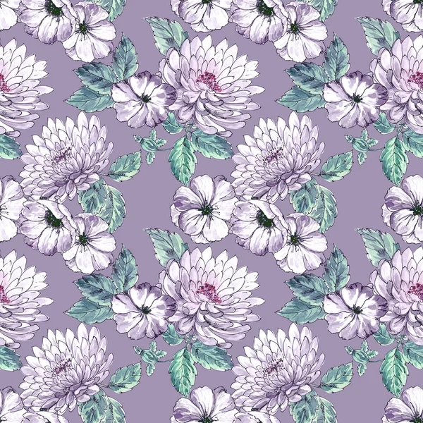 Seamless Hand Painted Watercolour Chrysanthemum Floral Bunch Pattern — Photo