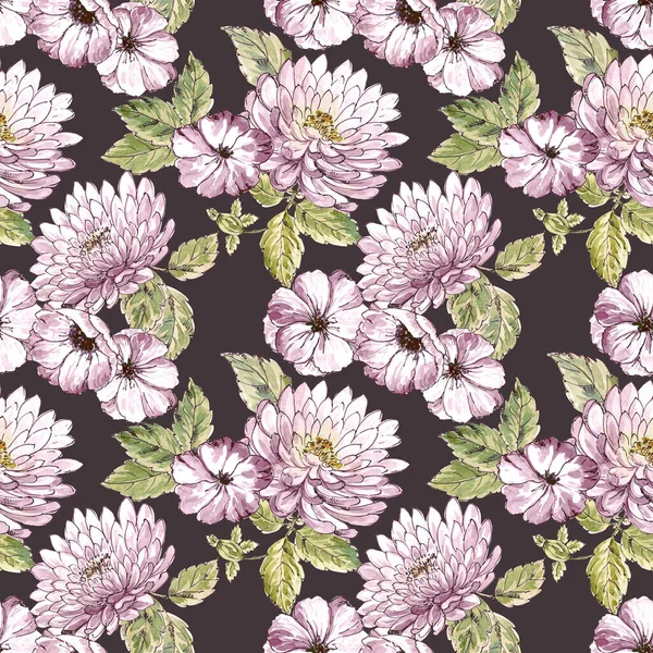 シームレスな手描き水彩菊の花の束パターン — ストック写真