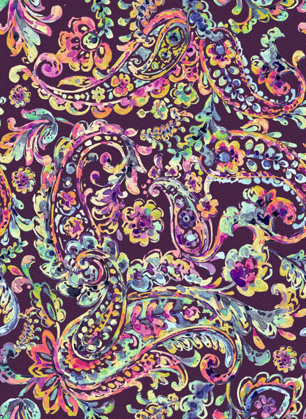 Seamless hand painted watercolour Multicolour Abstract paisley pattern