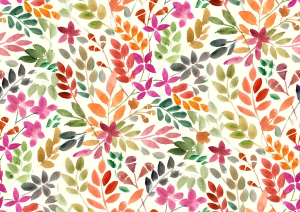 Seamless Hand painted watercolour wild meadow leaves and flowers Multicolour pattern