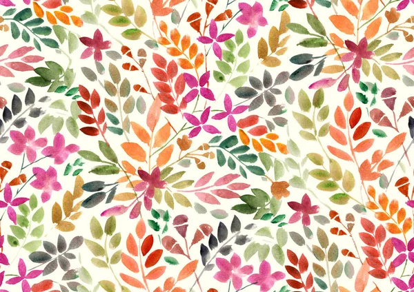 Seamless Hand Painted Watercolour Wild Meadow Leaves Flowers Multicolour Pattern ストック写真