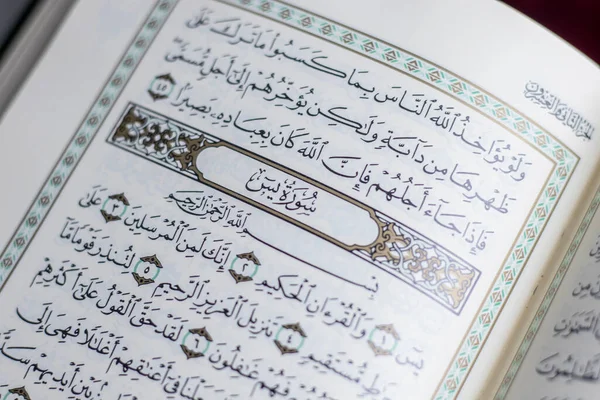 Азія Індія Пакистан Відкрита Сторінка Корану Показує Суру Ясіна Червоному — стокове фото