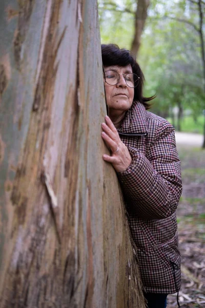 Gözlüklü, yaşlı, esmer bir kadın ormanda bir ağaca dokunuyor ve hissediyor.