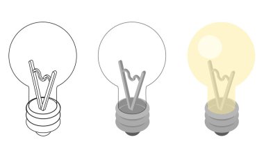 Ampul simgesi. Çizgi, katı ve doldurulmuş renkli sürüm, özet ve doldurulmuş vektör işareti.