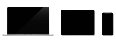 Aygıt ekran modeli. Akıllı telefon seti, tablet, dizüstü bilgisayar ve monitör, boş ekran modeli. Vektör illüstrasyonu