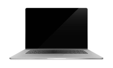 Laptop beyaz arkaplanda izole edilmiş, dikdörtgen bir ekran, koyu alüminyum gövde. Tam odaklı
