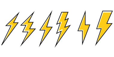 Elektrikli yıldırım logosu elektrik sembolü, poster ve tişört için beyaz arka planda izole edildi. Gök gürültüsü ikonu. Storm pictogram. Flaş