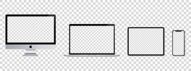 Aygıt ekran modeli. Akıllı telefon seti, tablet, dizüstü bilgisayar ve monitör, boş ekran modeli. Vektör illüstrasyonu