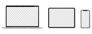 Aygıt ekran modeli. Akıllı telefon seti, tablet, dizüstü bilgisayar ve monitör, boş ekran modeli. Vektör illüstrasyonu