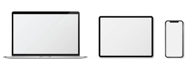 Aygıt ekran modeli. Akıllı telefon seti, tablet, dizüstü bilgisayar ve monitör, boş ekran modeli. Vektör illüstrasyonu